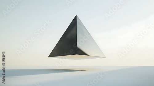 A black pyramid is floating in the air above a white background