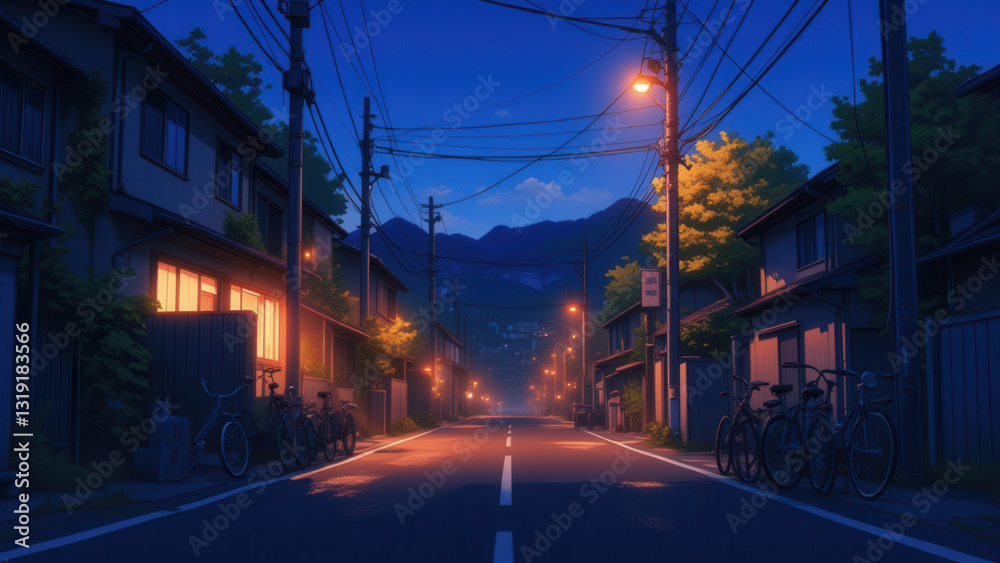 Fototapeta premium anime wallpaper illustration, Tranquil Suburban Street at Dusk with Warm House Lights and Street Lamps..