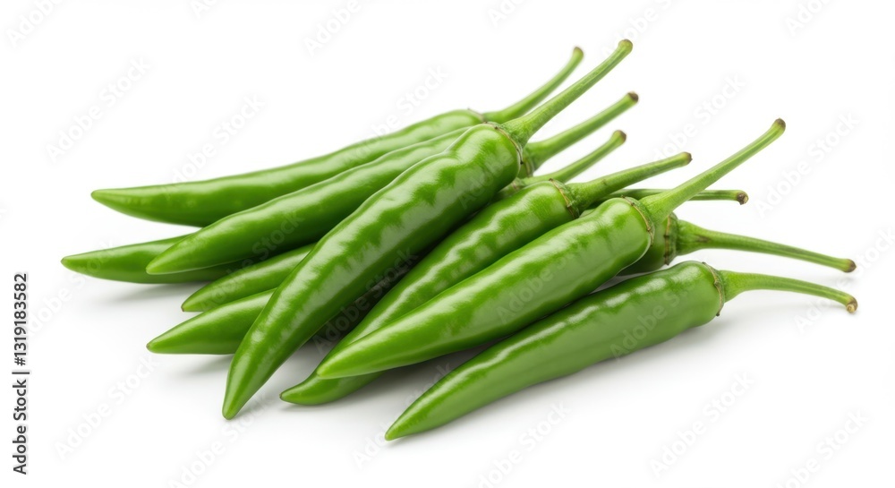 Fresh Green Chili Peppers with Stems on White Background Fresh Green Chili Peppers with Stems on White Background