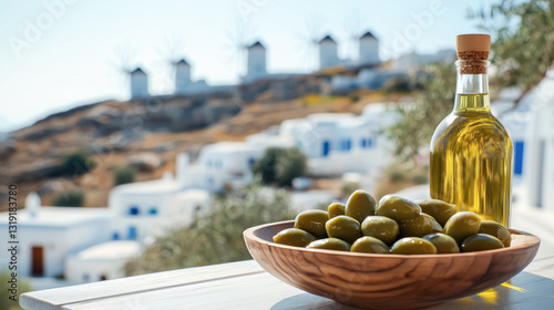 Green olives in a white bowl and olive oil on a Mediterranean island landscape background
