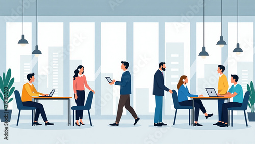 Vibrant Modern Open Office, Diverse Team Collaborating, Achieving Customer Satisfaction, Delivering Excellent Service, Productive Workspace, Teamwork, Business Success, Positive Environment