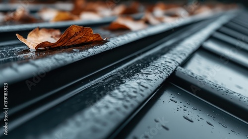 Fototapeta Naklejka Na Ścianę i Meble -  A captivating image of autumn leaves resting on wet roof tiles, embodying the essence of fall and the beauty of seasonal change in an artistic way.