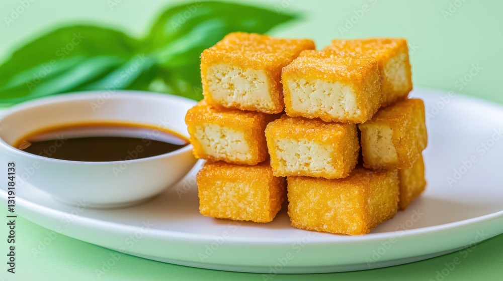 Crispy Golden Tofu Cubes Served with Soy Sauce on Green Background Crispy Golden Tofu Cubes Served with Soy Sauce on Green Background
