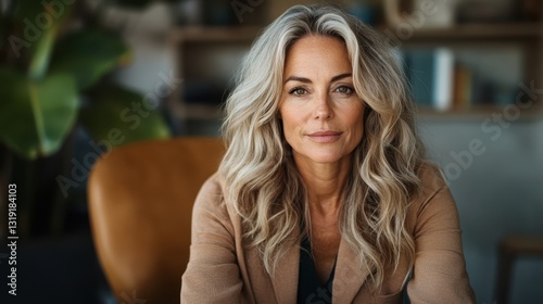 A stylish woman in earth-tone clothing gazes warmly at the camera from her stylish office, combining professionalism with creativity and confidence in a cozy atmosphere.