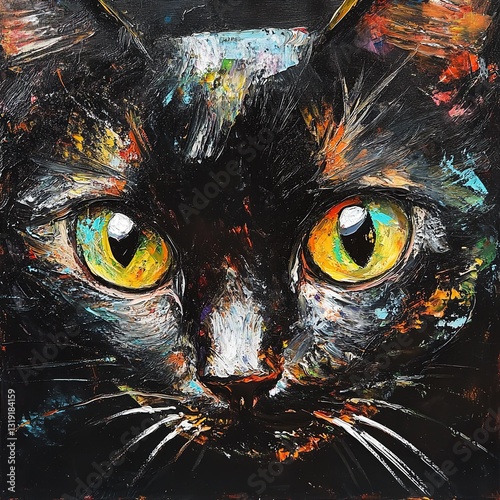 A Captivating Black Cats Gaze, Full Of Mystery And Intrigue, Painted With Vibrant, Expressive Strokes And Rich Dark Tones