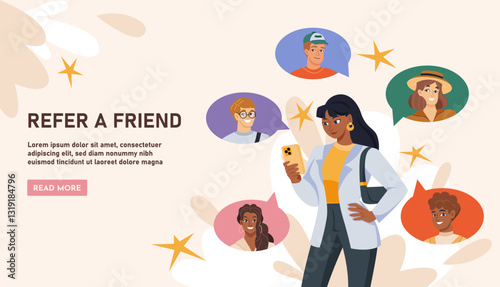 Refer friend poster. Woman with smartphone chatting with friends. Remote communication and interaction. People with online dialogue. Landing page design. Flat vector illustration