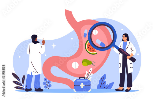 Doctors studying stomach. Women in medical uniform with magnifying glass check stomach. Healthcare and medicine. Medical specialists studying digestive system. Flat vector illustration