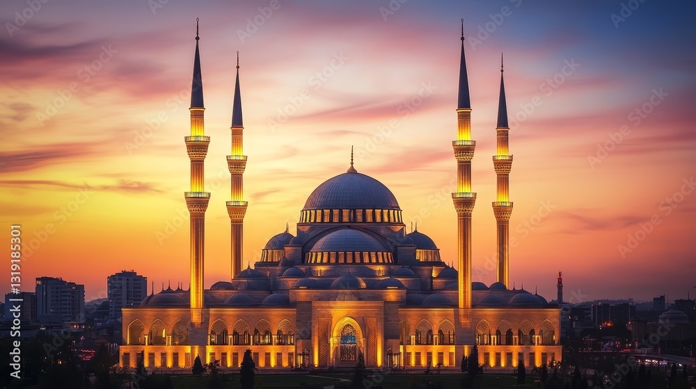 Obraz premium Illuminated mosque during sunset