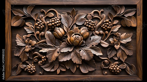 Intricate wooden floral carving in dark brown frame.
