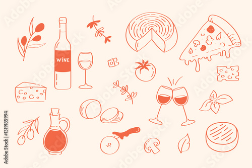 Italian cuisine hand drawn elements set: wine, cheese, pizza and mediterranean food. Doodle style illustration