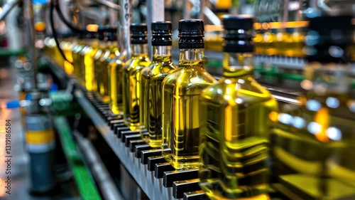 Bottles of olive oil move along a production line in a processing facility, showcasing the bottling and packaging process