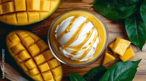 Delicious mango dessert with ice cream kitchen table food photography natural lighting top view summer treat