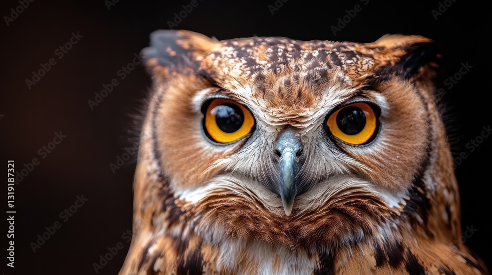 Fototapeta premium This striking image captures the fierce gaze of a beautifully detailed owl, showcasing its vibrant golden eyes and intricate feather patterns in stunning clarity.