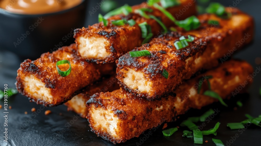 This elegant image captures fried tofu stacked high, adorned with fresh green scallions, served on a contrasting dark background, perfect for a food stock photo. This elegant image captures fried tofu stacked high, adorned with fresh green scallions, served on a contrasting dark background, perfect for a food stock photo.