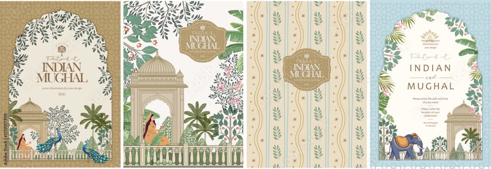 custom made wallpaper toronto digitalMughal Pichwai Garden.Vector illustration of temple, pillar arch, tropical plant, peacock, elephant, flower frame, border for greeting card, flyer, poster or background. Indian Wedding Invitation.