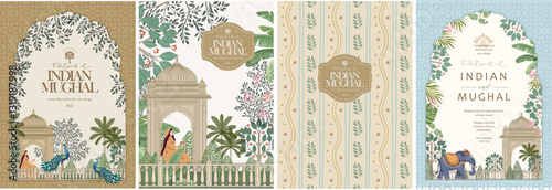 Mughal Pichwai Garden.Vector illustration of temple, pillar arch, tropical plant, peacock, elephant, flower frame, border for greeting card, flyer, poster or background. Indian Wedding Invitation.