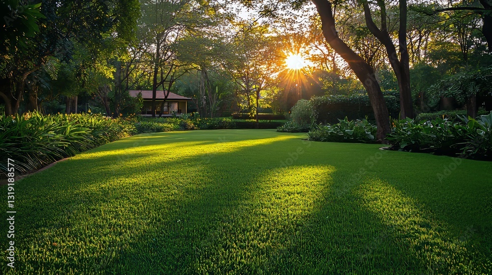 Obraz premium Beautiful Home Surrounded by Lush Green Lawns and Gardens at Sunset