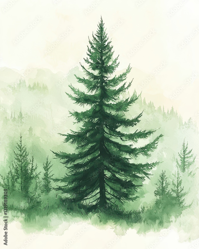 Fototapeta premium Majestic Green Pine Tree in Serene Watercolor Forest Landscape