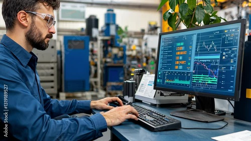 Man Analyzing Data and Graphs on Computer in Modern Industrial Workspace with Machinery and Equipment for Advanced Technology and Data Analysis