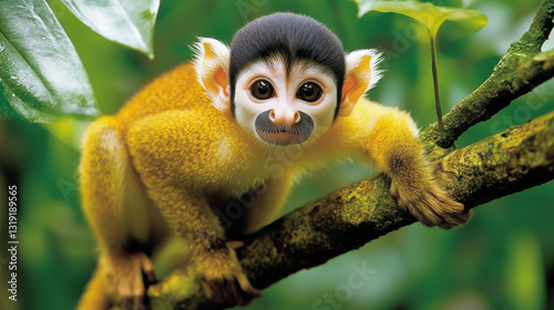A squirrel monkey sitting on the branch of tree in rainforest background
