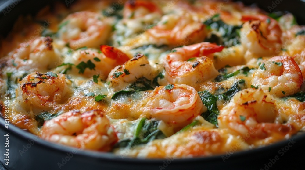 Savory shrimp casserole bakes in a rustic black cast iron skillet; creamy cheese melds with vibrant greens and succulent shrimp artfully arranged in a circle, promising delectable flavors Savory shrimp casserole bakes in a rustic black cast iron skillet; creamy cheese melds with vibrant greens and succulent shrimp artfully arranged in a circle, promising delectable flavors