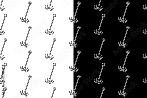 climbing anchor doodle seamless pattern on black white background set. bolt, spindle, wedge equipment engraving pattern background. retro climbing hook background for climbing sport club merchandise