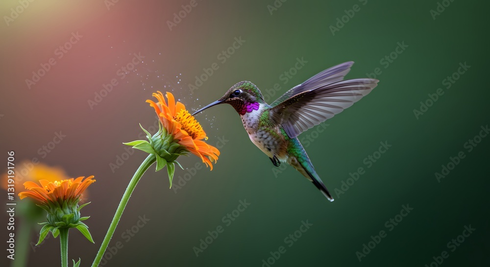 Beautiful hummingbird hovering next to a vibrant orange flower in a natural setting during daylight Generative AI Beautiful hummingbird hovering next to a vibrant orange flower in a natural setting during daylight Generative AI