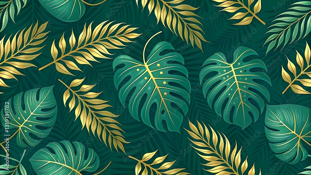 Elegant tropical green gold leaves pattern background design palm dark rich lush plant decor image Elegant tropical green gold leaves pattern background design palm dark rich lush plant decor image