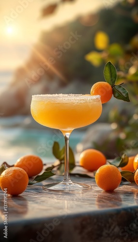 kumquat margarita cocktail in a glass at a bar on the beach