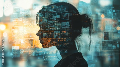 Unhappy Young Woman Silhouetted with Social Media and News Reflections