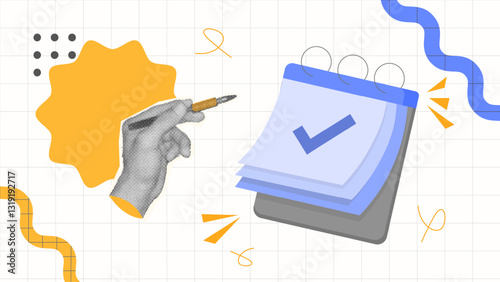halftone collage, Creative task planning  with a checklist, pen, and abstract elements. productivity, organization, goal setting, and project management visuals