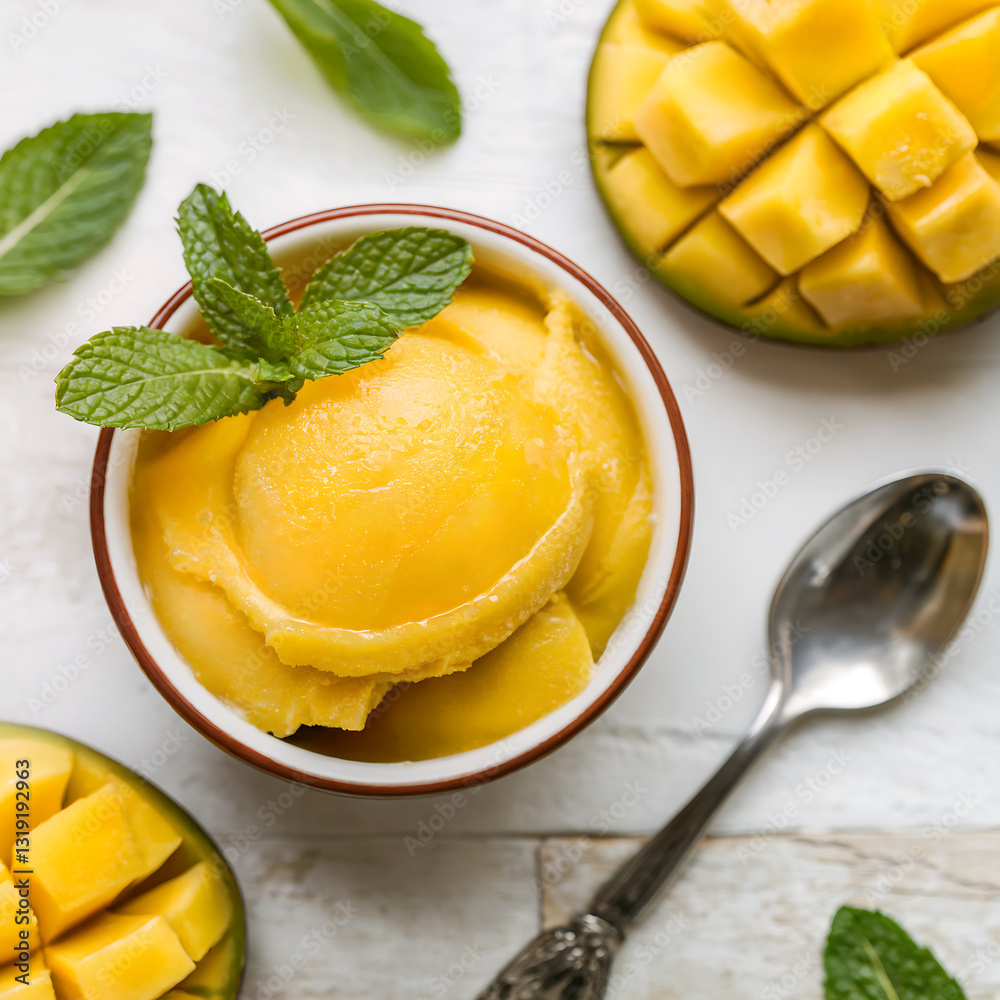 A bowl of mango sorbet garnished with mint leaves, top view on white background, stock photo. A bowl of mango sorbet garnished with mint leaves, top view on white background, stock photo.