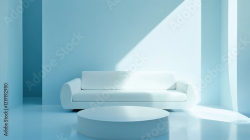 a white couch and a coffee table in a room