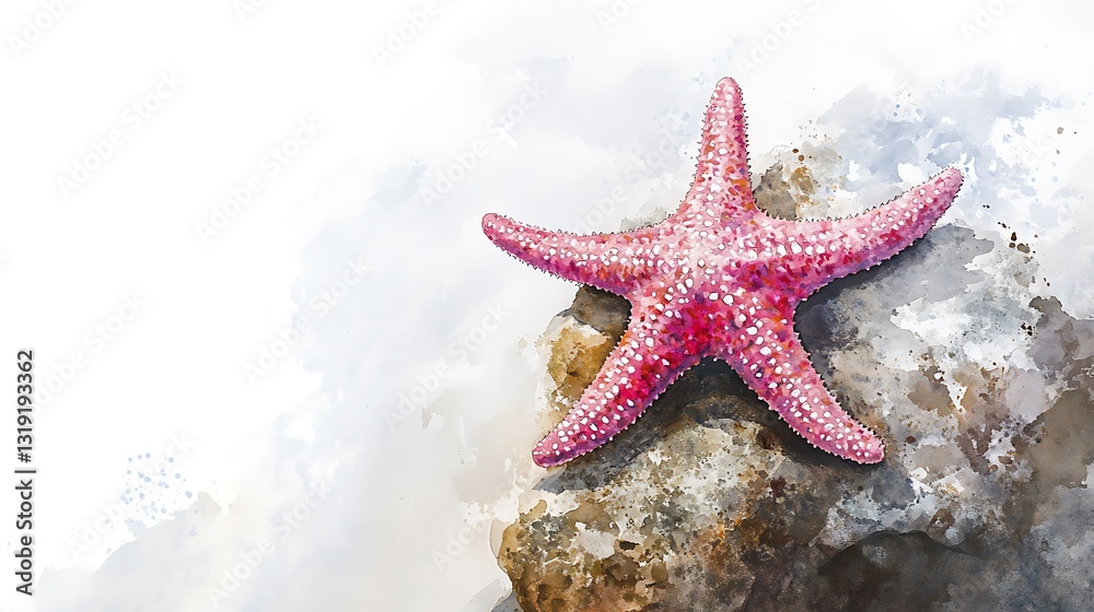 This vibrant illustration captures a red starfish resting on a rock, surrounded by soft hues, evoking serenity and wonder of marine life. This vibrant illustration captures a red starfish resting on a rock, surrounded by soft hues, evoking serenity and wonder of marine life.