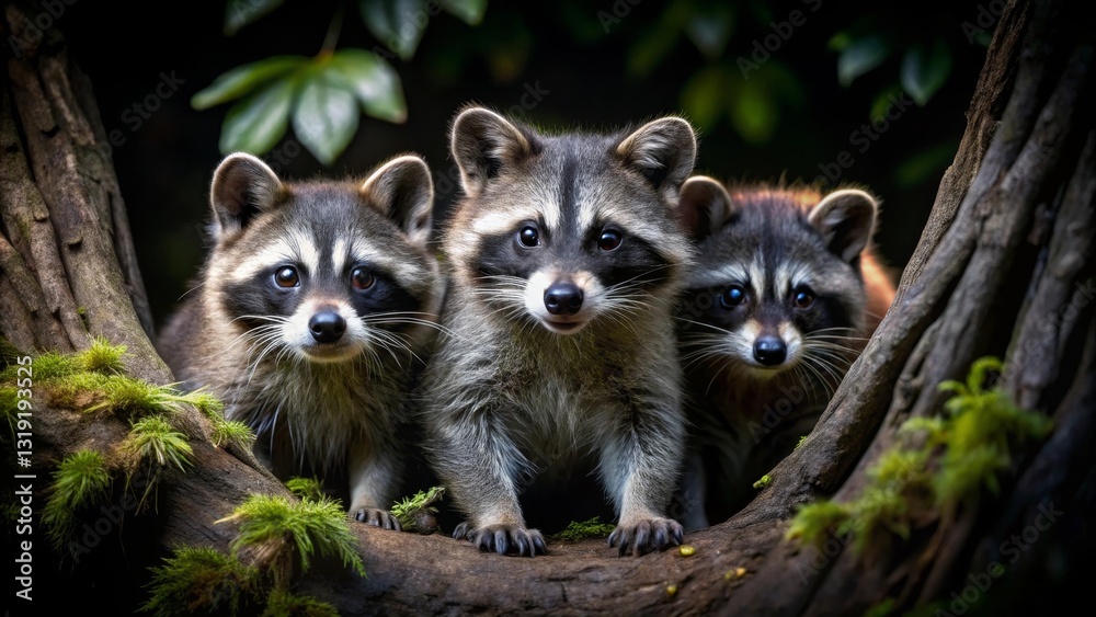 Three curious raccoons peering from a moss-covered tree trunk in a dark forest, showcasing their captivating eyes and inquisitive nature Three curious raccoons peering from a moss-covered tree trunk in a dark forest, showcasing their captivating eyes and inquisitive nature