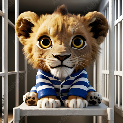 Cute lion cub wearing prisoner clothes sitting in a cage