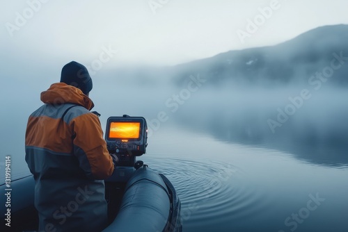 Misty dawn on the lake as a fisherman utilizes sonar technology to locate fish beneath the surface