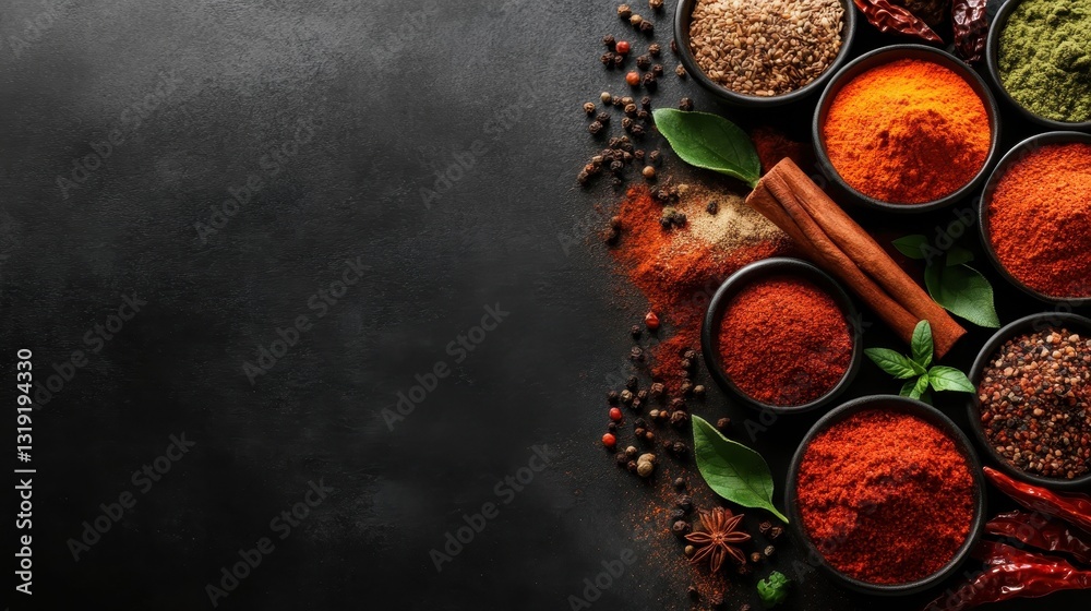 An artistic arrangement of various spices and herbs in bowls surrounded by fresh leaves, showcasing the vibrant colors and textures typical of natural culinary ingredients. An artistic arrangement of various spices and herbs in bowls surrounded by fresh leaves, showcasing the vibrant colors and textures typical of natural culinary ingredients.