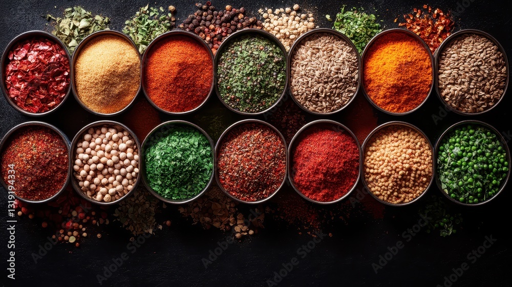 A visually striking row of spice containers filled with vibrant colors and textures, highlighting the beauty and diversity of flavors used in culinary arts worldwide. A visually striking row of spice containers filled with vibrant colors and textures, highlighting the beauty and diversity of flavors used in culinary arts worldwide.