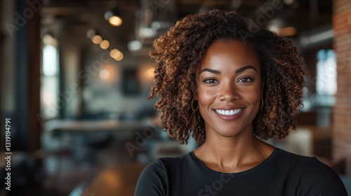A smiling woman with beautiful curly hair stands in a modern caf    exuding warmth and confidence in her stylish outfit  perfectly capturing the essence of urban lifestyle.