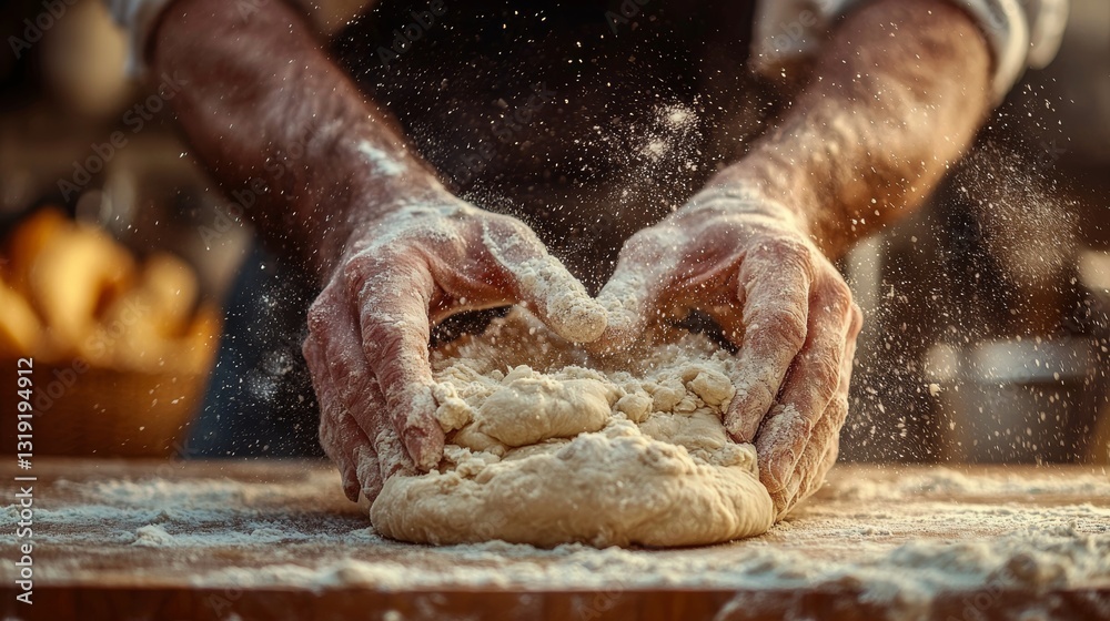 Fototapeta premium Artisan Baker Kneading Dough with Flour on Wooden Countertop, Culinary Craftsmanship in Action