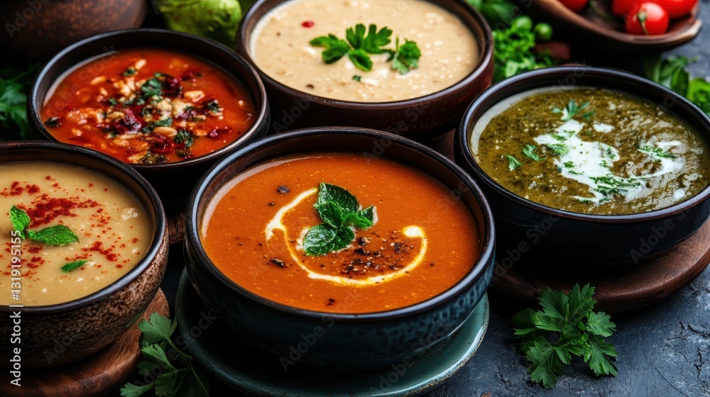 A captivating collection of gourmet soups garnished with vibrant herbs, inviting colors and textures, ready to be enjoyed for a delicious and warming meal. A captivating collection of gourmet soups garnished with vibrant herbs, inviting colors and textures, ready to be enjoyed for a delicious and warming meal.