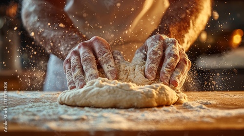 Artisan Baker Kneading Dough with Flour on Wooden Countertop, Culinary Craftsmanship in Action