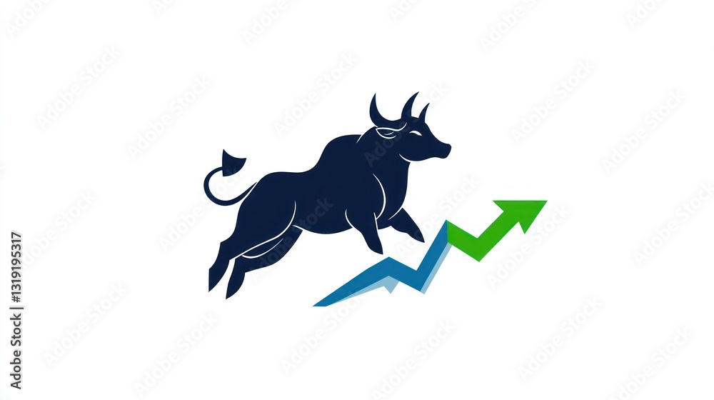 Obraz premium Bull charges up rising financial arrow, symbolizing investment growth, profit on white background, financial analysis