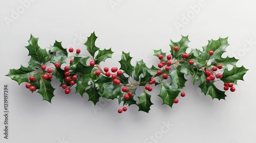 A Festive Holly Sprig Adorned With Vibrant Red Berries, A Symbol Of Christmas Cheer And Winter Holidays, Elegantly Arranged Against A Minimalist White Backdrop