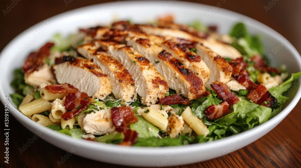Tantalizing Caesar salad with crispy, dark-brown grated chicken atop fresh greens, drizzled with creamy dressing and garnished with crunchy croutons for an irresistible bite Tantalizing Caesar salad with crispy, dark-brown grated chicken atop fresh greens, drizzled with creamy dressing and garnished with crunchy croutons for an irresistible bite