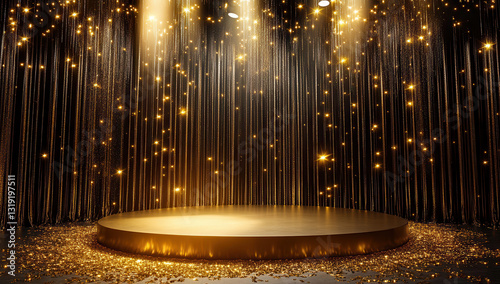 Gold award podium with glittering backdrop, spotlights.