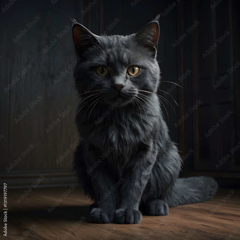 Majestic gray cat sitting on hardwood floor in dark room Majestic gray cat sitting on hardwood floor in dark room