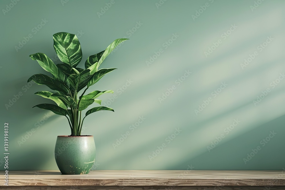 High Quality Image of a Green Plant is in a Pot on a Table High Quality Image of a Green Plant is in a Pot on a Table