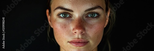 Close-up portrait of woman with fair skin and freckles, looking up with a contemplative expression against soft lighting that accentuates her facial features.